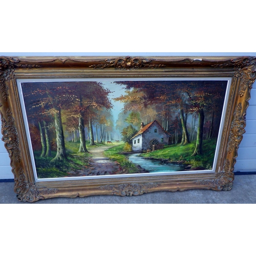 514 - A large modern, mill scene in woodland, oil on canvas, (a/f, canvas repair), indistinctly signed, P.... 