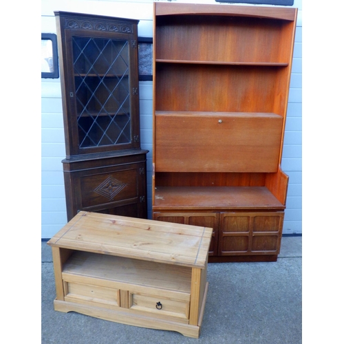 875 - An oak/ply corner cabinet, teak unit, marked and a pine t.v stand (a/f) (3)