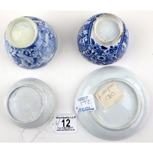 12 - Three Blue & White early 19thC tea bowls and a small dish together with Two made in England Goldsche... 