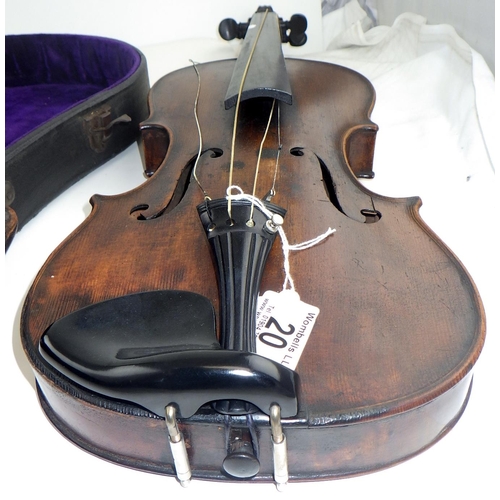 20 - A cased violin and two bows