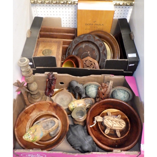 34 - Two boxes of misc wooden ware to include bowls, Indian box etc (2)