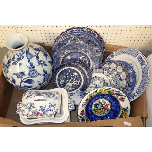 55 - Three boxes of misc blue & white ceramics to include tureens, vases, plates etc (3)
