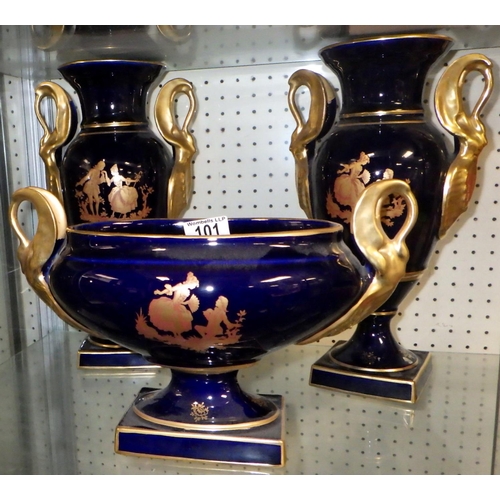 101 - A pair of gilded blue Limoges urns together with a matching swan handle vase (3)