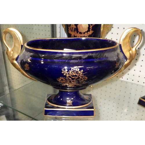 101 - A pair of gilded blue Limoges urns together with a matching swan handle vase (3)