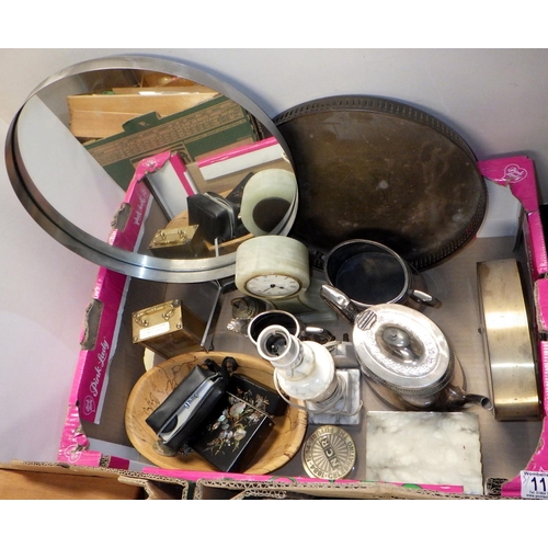 111 - Three boxes of misc metal wares, mirror, lamp etc