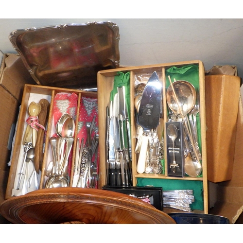 111 - Three boxes of misc metal wares, mirror, lamp etc