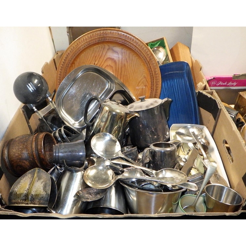 111 - Three boxes of misc metal wares, mirror, lamp etc