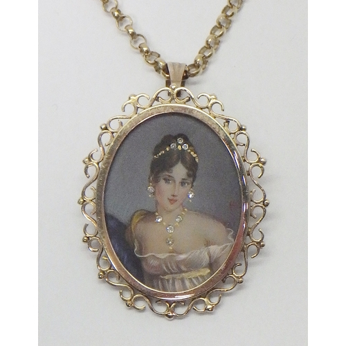 46 - A brooch pendant comprising a 20th cent portrait miniature set with diamonds in a 9ct gold setting w... 