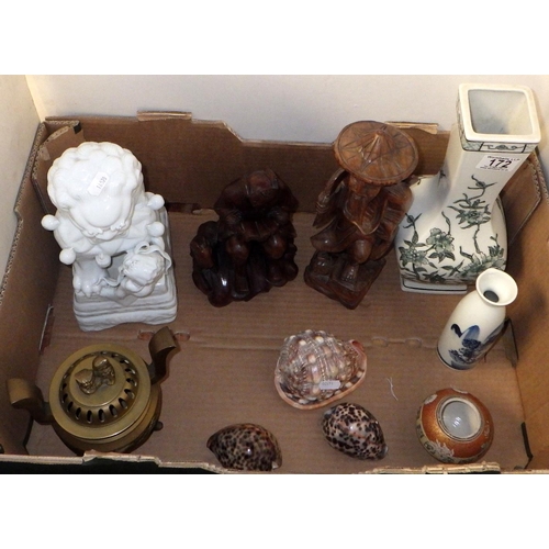 172 - A group of misc Oriental collectables to include dog of foo, censor, carved figures etc