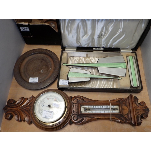 178 - A box of misc wooden wares together with a vanity set, barometer etc