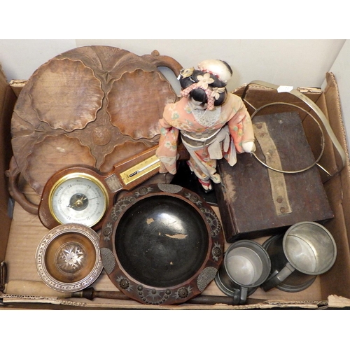 178 - A box of misc wooden wares together with a vanity set, barometer etc