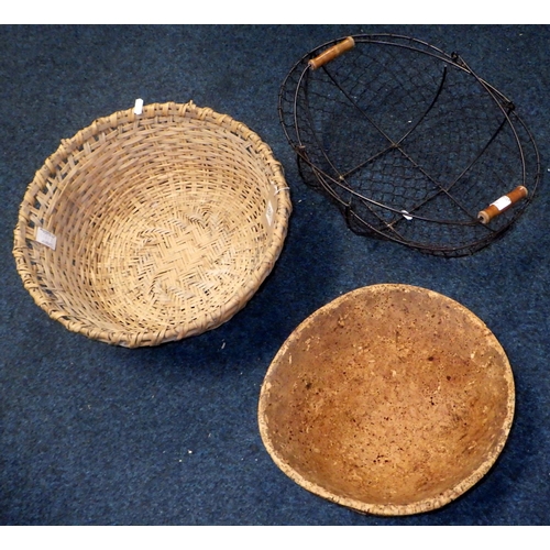 181 - A wire two handle basket together with a rice bowl and a cork bowl (3)