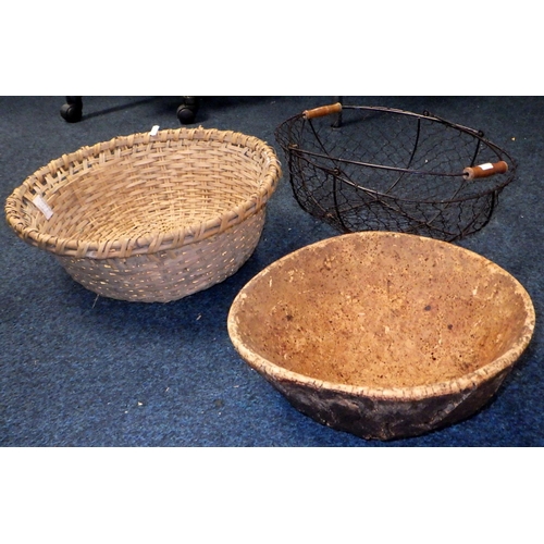 181 - A wire two handle basket together with a rice bowl and a cork bowl (3)