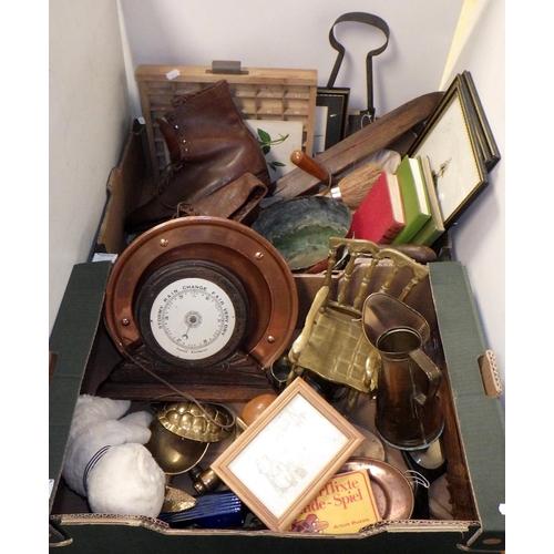 186 - Two boxes of misc collectables to include barometer, copper pan, leather ski boots etc (2)