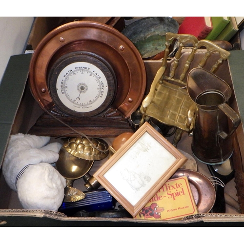 186 - Two boxes of misc collectables to include barometer, copper pan, leather ski boots etc (2)