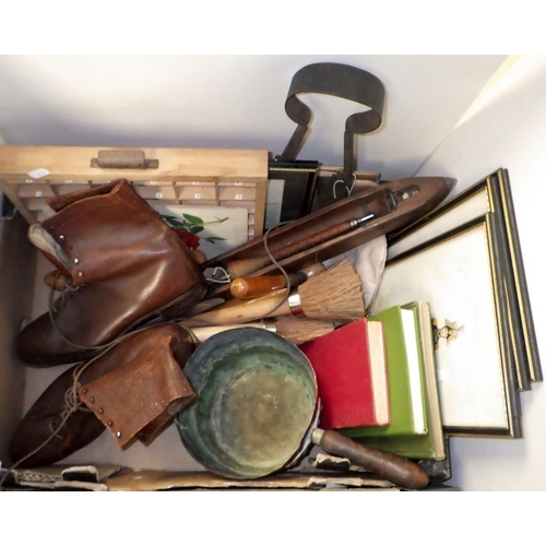 186 - Two boxes of misc collectables to include barometer, copper pan, leather ski boots etc (2)