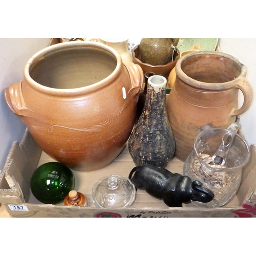 187 - Two boxes of misc ceramics to include stoneware crockpot, jugs etc (2)