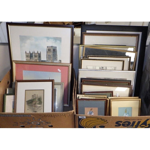 194 - Two boxes of various pictures and prints to include Owen Rees, Austin Throp etc