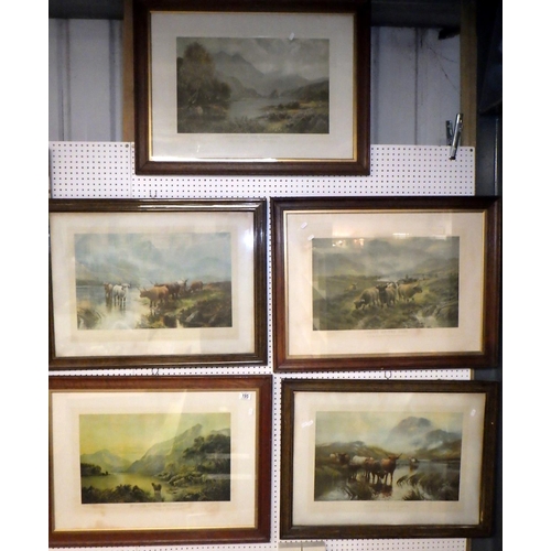 195 - Five oak framed Hubert G Percy cattle Highland prints