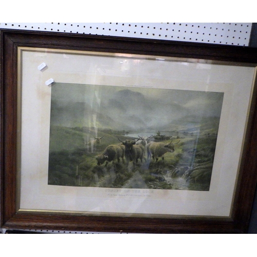 195 - Five oak framed Hubert G Percy cattle Highland prints