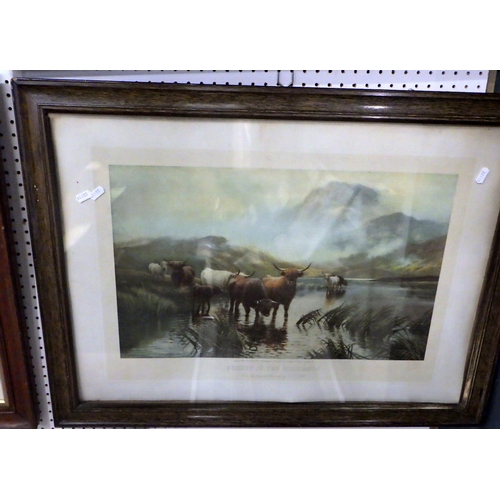 195 - Five oak framed Hubert G Percy cattle Highland prints