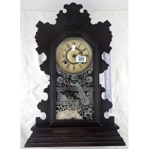 205 - A Large “Gingerbread” chiming clock – Shelf or Wall Peacock decorated panel 58cm tall