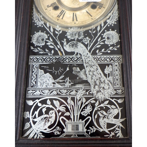 205 - A Large “Gingerbread” chiming clock – Shelf or Wall Peacock decorated panel 58cm tall