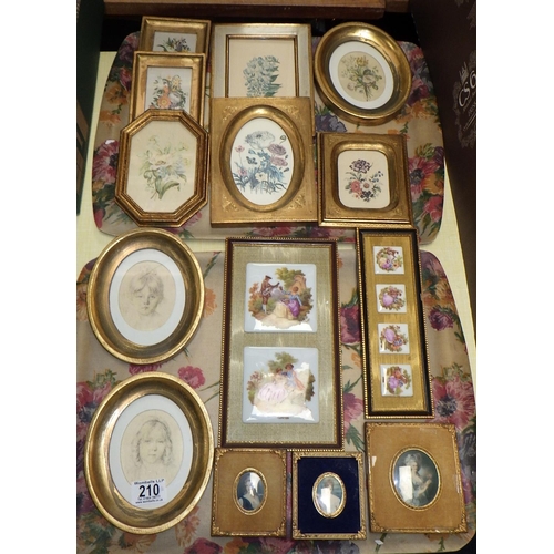 210 - A group of various framed miniature prints & porcelain mounted plaques