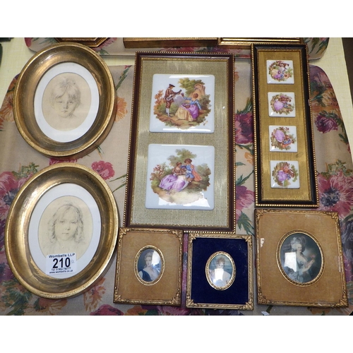 210 - A group of various framed miniature prints & porcelain mounted plaques