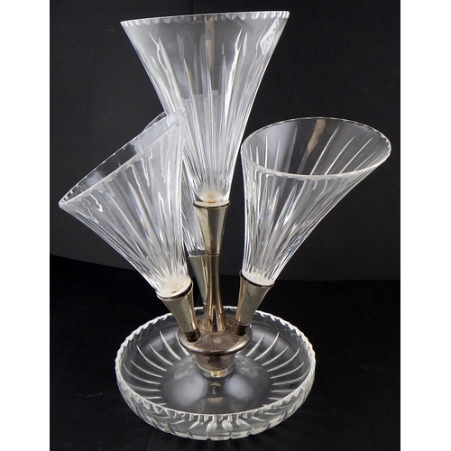 212 - A glass epergne mounted with silver plate 34cm tall