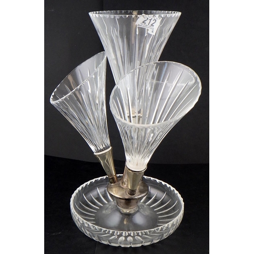 212 - A glass epergne mounted with silver plate 34cm tall