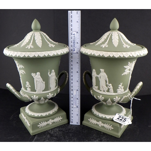 A pair of Wedgwood Sage Green Jasperware twin-handled lidded urns 29cm tall