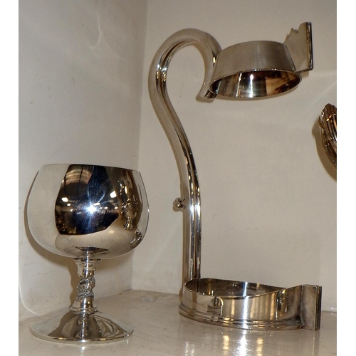 243 - A silver plated two handle urn together with a plated bottle coaster & bottle pourer and two goblets... 