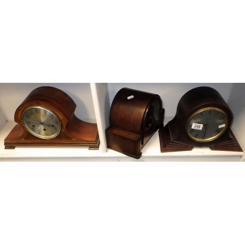 248 - Two Art Deco oak Westminster chime mantle clocks together with an Edwardian inlaid Westminster chime... 