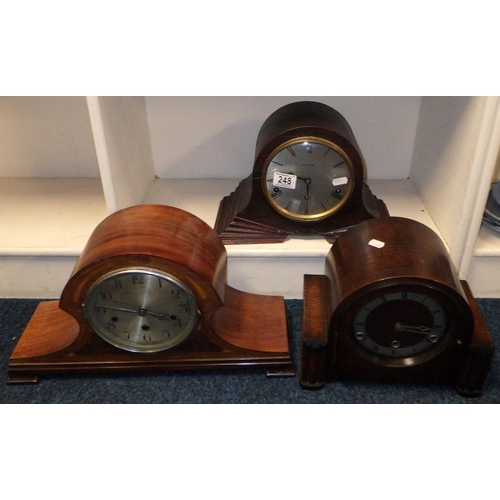 248 - Two Art Deco oak Westminster chime mantle clocks together with an Edwardian inlaid Westminster chime... 