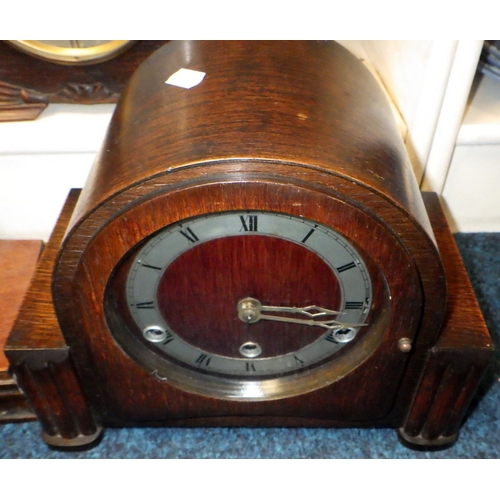 248 - Two Art Deco oak Westminster chime mantle clocks together with an Edwardian inlaid Westminster chime... 