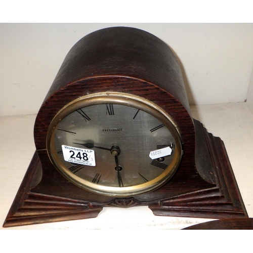 248 - Two Art Deco oak Westminster chime mantle clocks together with an Edwardian inlaid Westminster chime... 