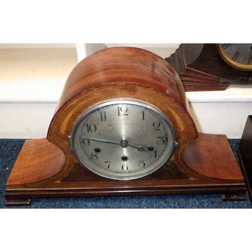 248 - Two Art Deco oak Westminster chime mantle clocks together with an Edwardian inlaid Westminster chime... 