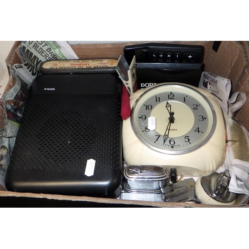 250 - A Genlex electric wall clock together with a Ross radio, lighters etc