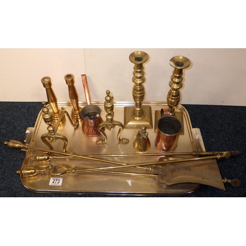 273 - A 19th C Brass fire set together with further metal wares to inc candlesticks, etc