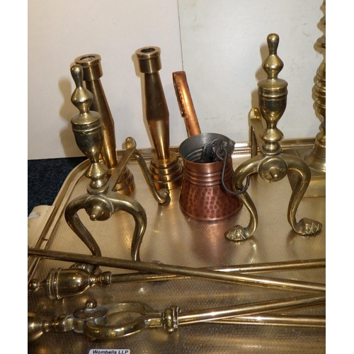 273 - A 19th C Brass fire set together with further metal wares to inc candlesticks, etc