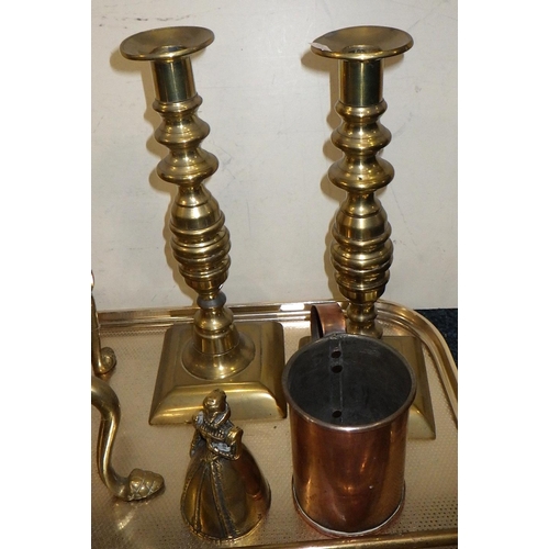 273 - A 19th C Brass fire set together with further metal wares to inc candlesticks, etc