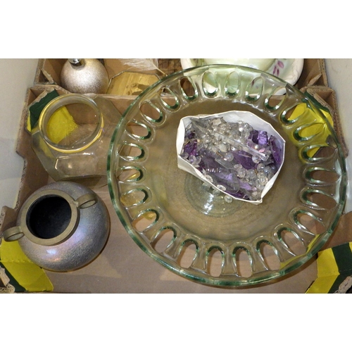 275 - Two boxes of misc ceramics, glass, brass framed mirror etc (2)