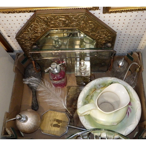 275 - Two boxes of misc ceramics, glass, brass framed mirror etc (2)