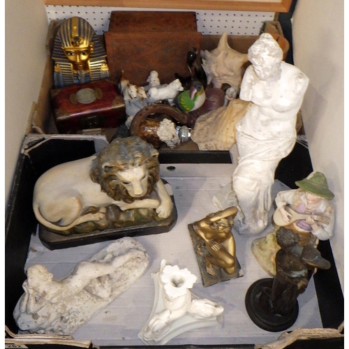 282 - Two boxes of misc ceramics and collectables to inc  a plaster Venus de Milo, spelter roman lady, Ori... 