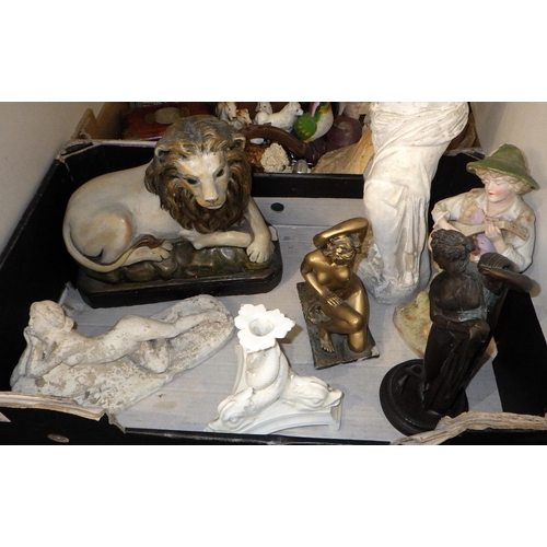 282 - Two boxes of misc ceramics and collectables to inc  a plaster Venus de Milo, spelter roman lady, Ori... 