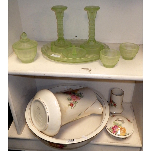 253 - A Falcon ware Jug and bowl set together with a glass dressing table set