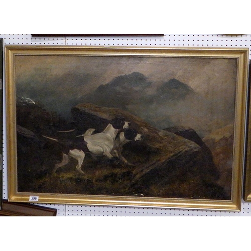 296 - A large indistinctly signed oil canvas of hunting dogs AF 98 x 70cm inc frame