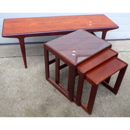 632 - A teak coffee table, missing stretchers, 137cm long together with a nest of occasional tables (2)