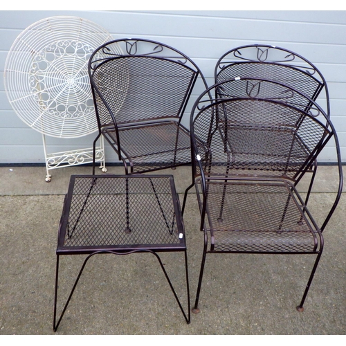 646 - A set of three metal garden chairs a coffee table & a folding table (5)